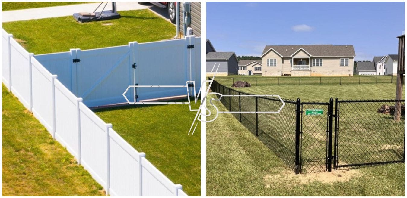 Two residential properties are shown side-by-side: one featuring a modern house with a swimming pool and green roof, and the other showing a traditional suburban home with a black fence and landscaped yard.