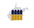 A stylized illustration of a rural farm with distinctive dark blue silos and golden grain storage buildings overlaid on a light map of agricultural region.
